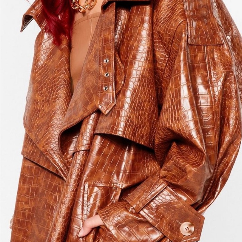 NASTYGAL FAUX LEATHER CROC EMBOSSED BELTED TRENCH COAT COGNAC BROWN 2 /S…